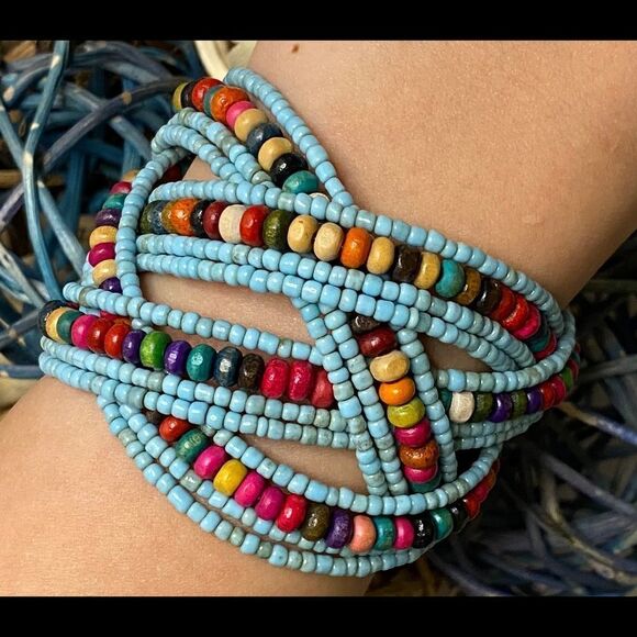 Multi Teal Colored Beaded Womens Cuff Bracelet - Picture 1 of 1